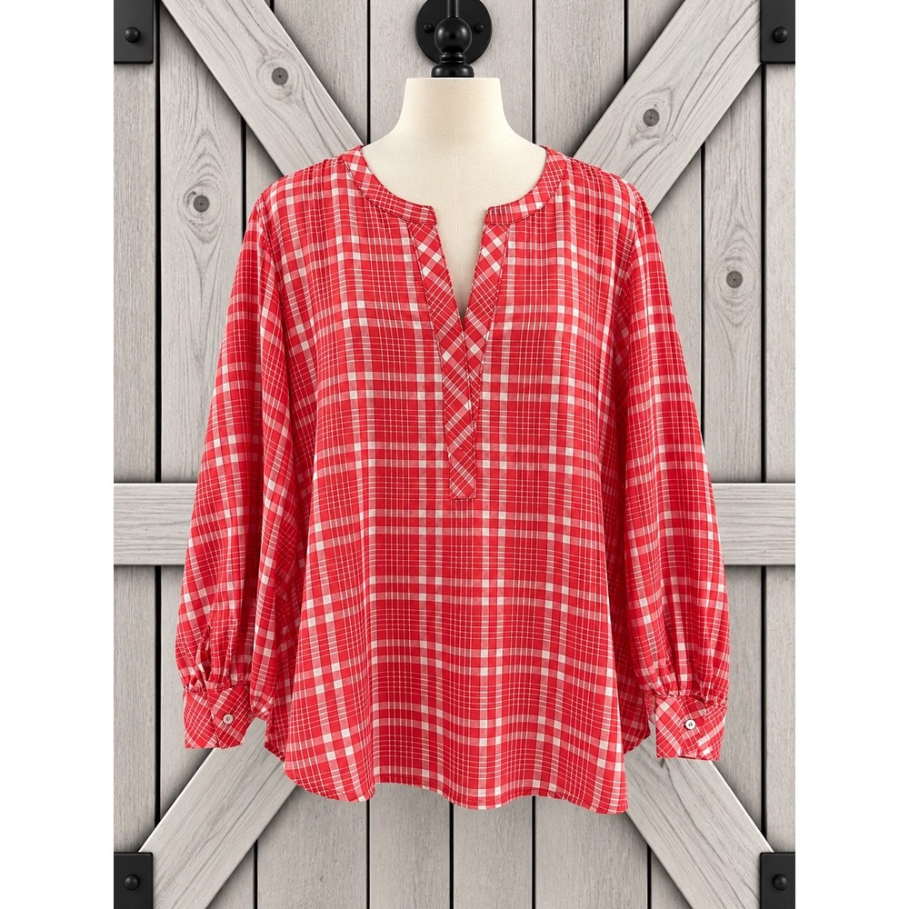 New Talbots Plus Size 3X Coral White Plaid Split Neck Long Sleeve Blouse